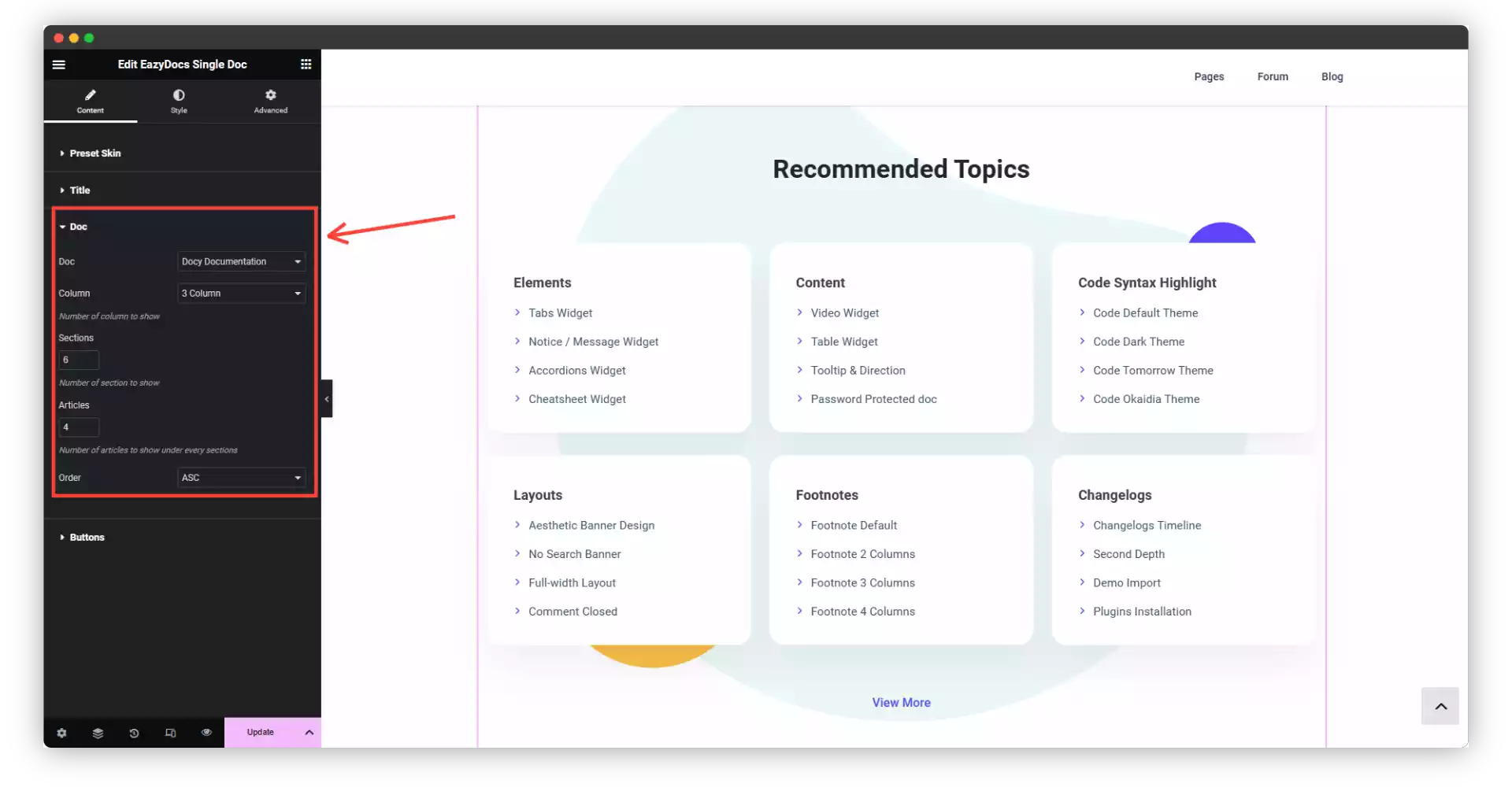 EazyDocs Single Doc Widget Content Sorting Options.png